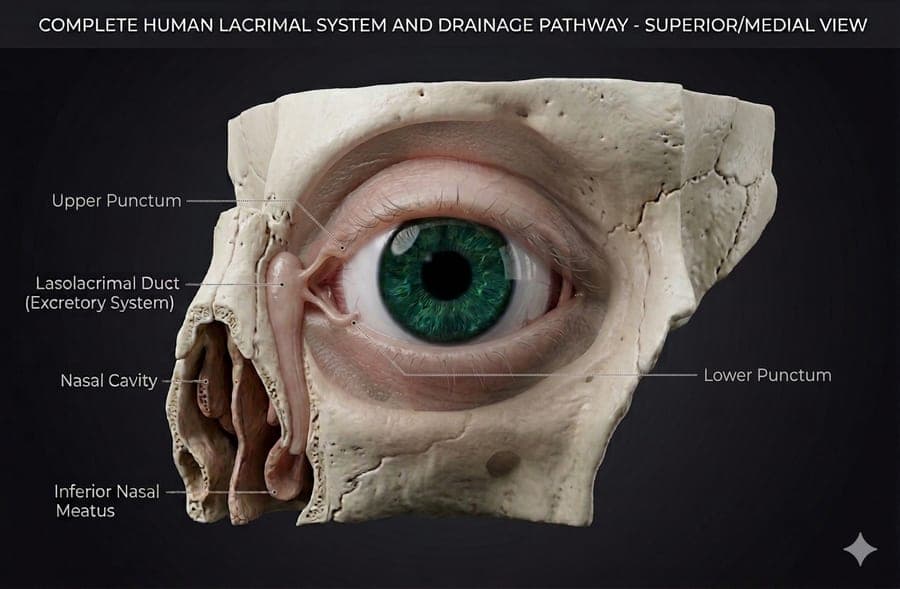 Lacrimal system anatomy overview — tear drainage pathway diagram